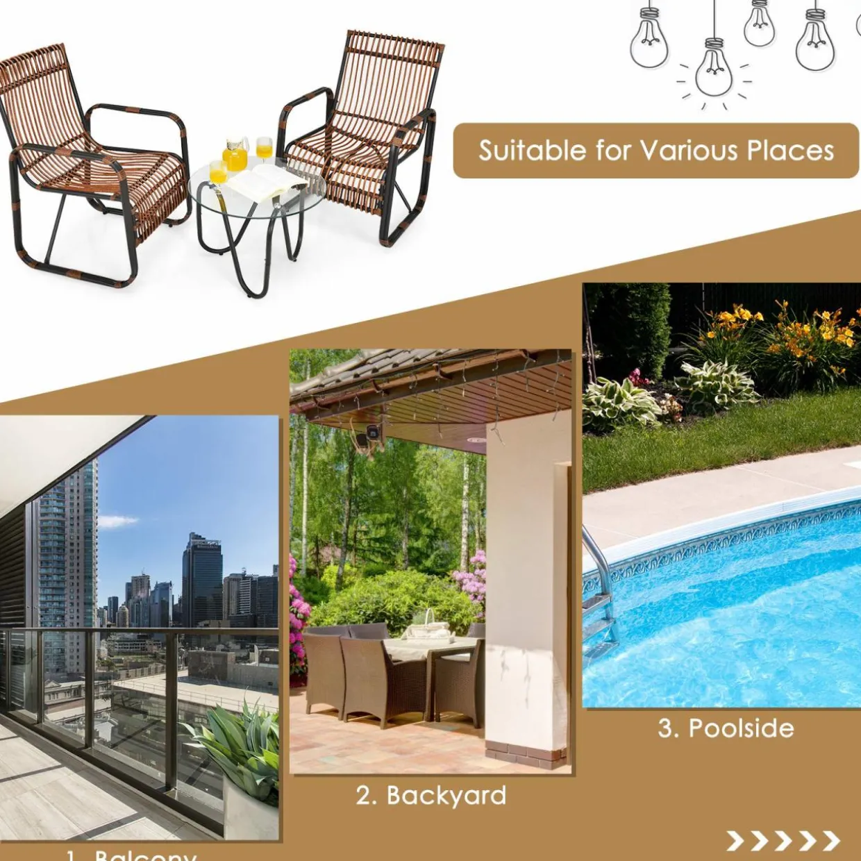 Tangkula 3 Piece Patio Rattan Furniture Set, Includes 2 Single Wicker Chairs and Glass Side Table