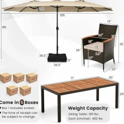 Tangkula 10 Piece Patio Rattan Dining Set with 15Ft Double-Sided Umbrella, Outdoor Acacia Wood Table and Wicker Chairs Set
