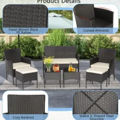Tangkula 7 Piece Patio Rattan Sofa Set, Wicker Furniture Set with 2 Side Tables and 2 Ottomans, Solid Metal Frame, Soft Cushions