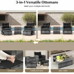 Tangkula 5 Piece Patio Rattan Furniture, Wicker Cushioned Chairs Set w/ 2 Ottomans & Tempered Glass Coffee Table