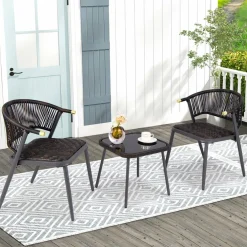 Tangkula 3 Piece Patio Rattan Furniture Set, Patiojoy Quick Dry Foam Padded Chairs w/Tempered Glass Tabletop