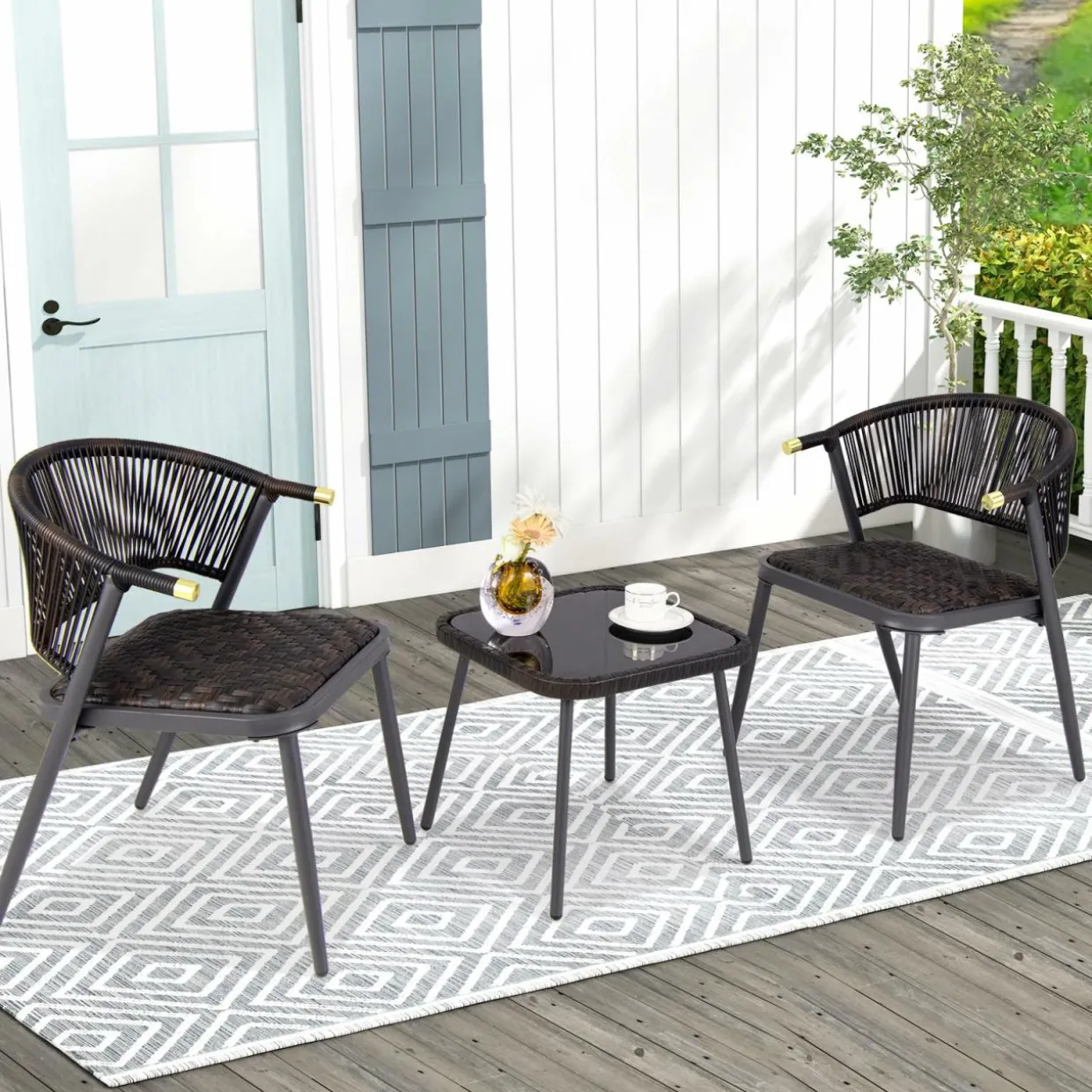 Tangkula 3 Piece Patio Rattan Furniture Set, Patiojoy Quick Dry Foam Padded Chairs w/Tempered Glass Tabletop
