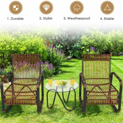Tangkula 3 Piece Patio Rattan Furniture Set, Includes 2 Single Wicker Chairs and Glass Side Table