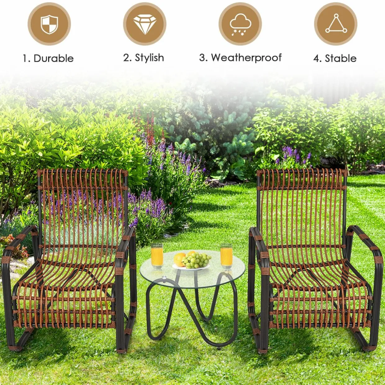 Tangkula 3 Piece Patio Rattan Furniture Set, Includes 2 Single Wicker Chairs and Glass Side Table