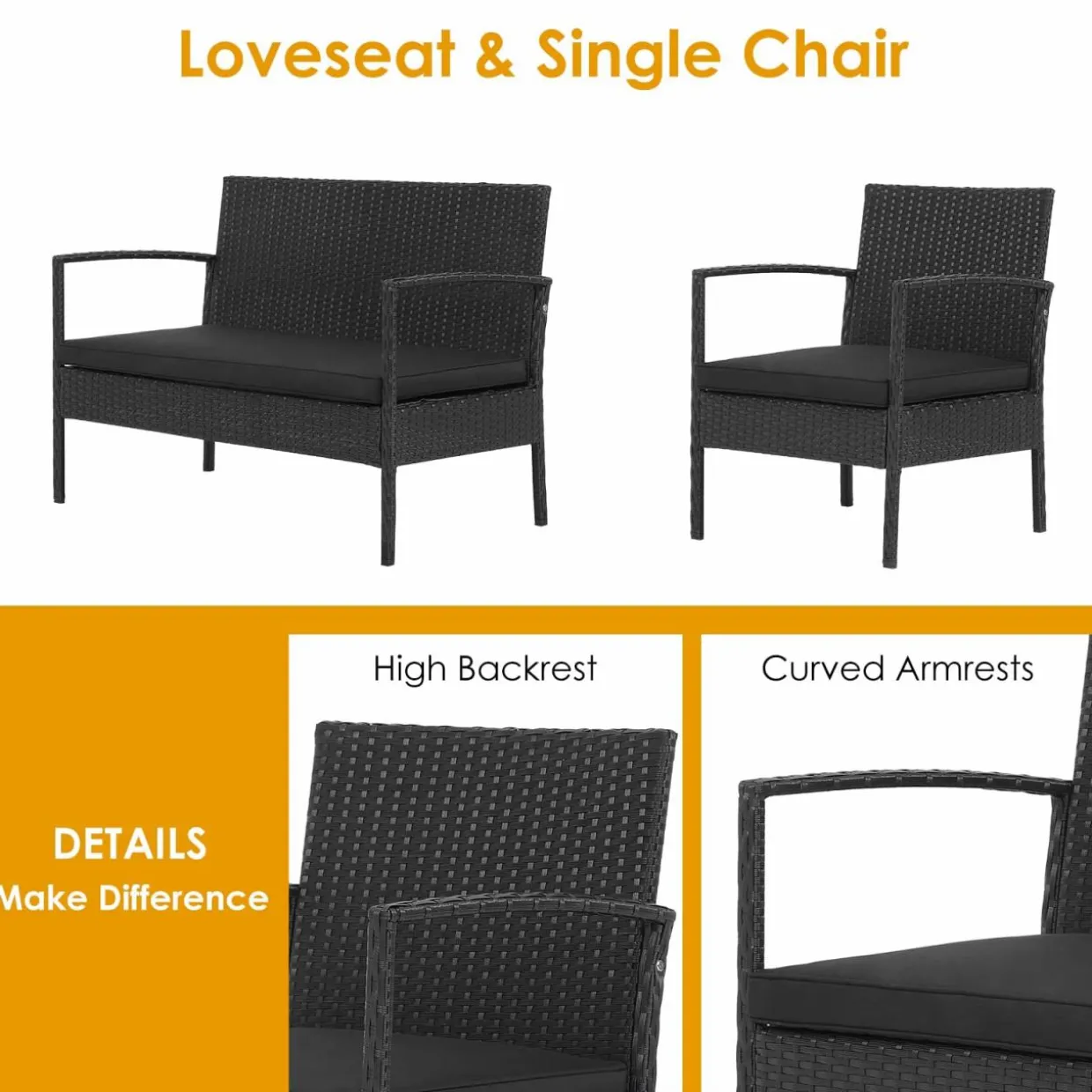 Tangkula 4 Piece Patio Rattan Conversation Set, Outdoor Wicker Sofa Furniture, Outside Sectional for Poolside, Deck, Garden