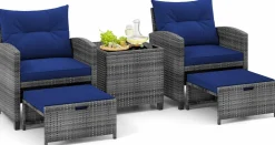 Tangkula 5 Piece Patio Rattan Furniture, Wicker Cushioned Chairs Set w/ 2 Ottomans & Tempered Glass Coffee Table