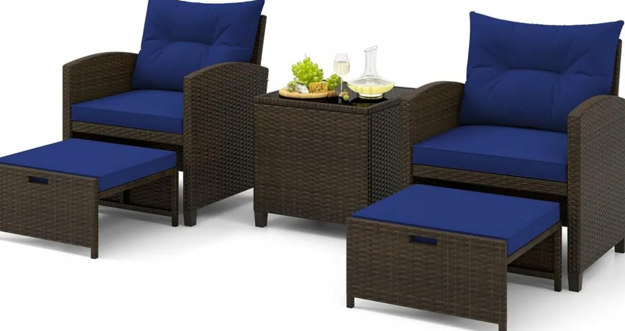 Tangkula 5 Piece Patio Rattan Furniture, Wicker Cushioned Chairs Set w/ 2 Ottomans & Tempered Glass Coffee Table