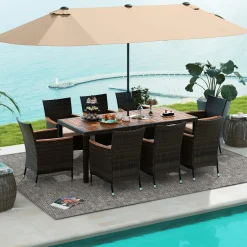 Tangkula 10 Piece Patio Rattan Dining Set with 15Ft Double-Sided Umbrella, Outdoor Acacia Wood Table and Wicker Chairs Set