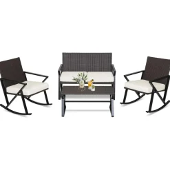 Tangkula 4 Piece Patio Rocking Furniture Set, Patiojoy PE Wicker Loveseat with 2 Rocking Chairs & 1 Coffee Table