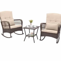 Tangkula 3 Piece Patio Rocker Set, Patiojoy Outdoor Wicker Rocking Chairs w/Double-Layer Coffee Table