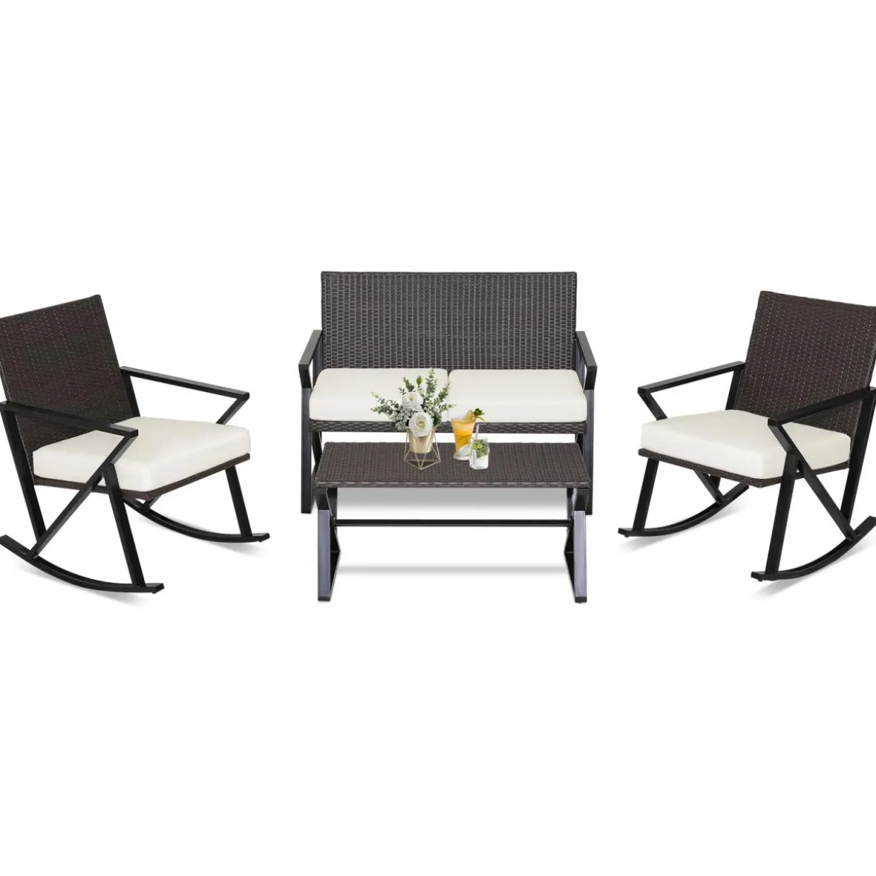 Tangkula 4 Piece Patio Rocking Furniture Set, Patiojoy PE Wicker Loveseat with 2 Rocking Chairs & 1 Coffee Table