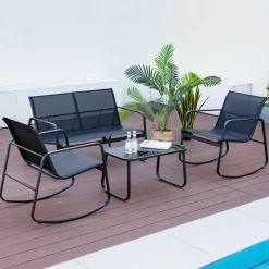 Tangkula 4 Piece Patio Rocking Set, 2 Rocking Chairs & Loveseat with Glass-Top Table