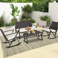 Tangkula 4 Piece Patio Rocking Furniture Set, Patiojoy PE Wicker Loveseat with 2 Rocking Chairs & 1 Coffee Table