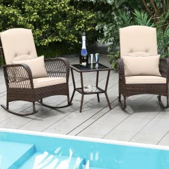 Tangkula 3 Piece Patio Rocker Set, Patiojoy Outdoor Wicker Rocking Chairs w/Double-Layer Coffee Table