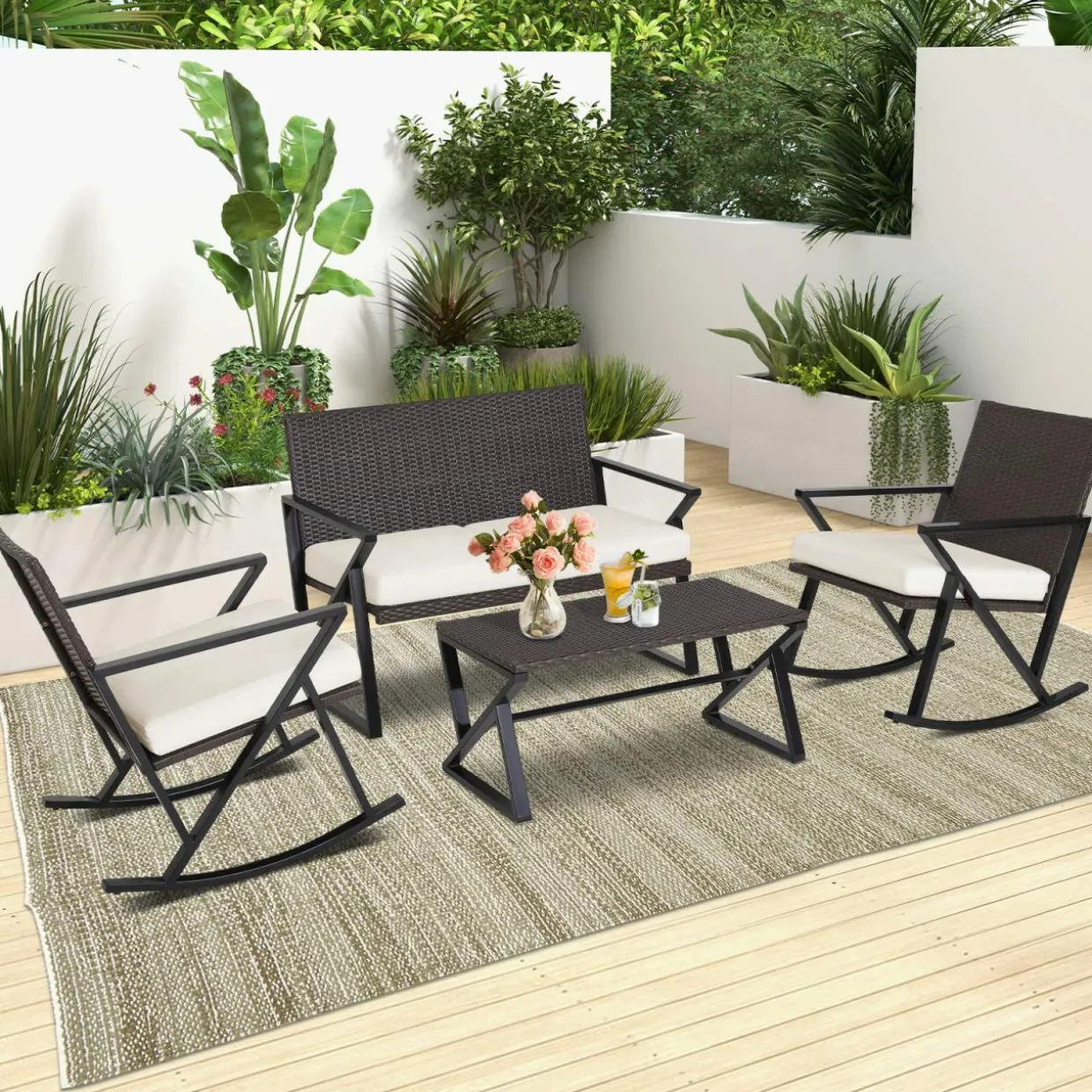 Tangkula 4 Piece Patio Rocking Furniture Set, Patiojoy PE Wicker Loveseat with 2 Rocking Chairs & 1 Coffee Table