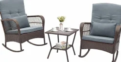 Tangkula 3 Piece Patio Rocker Set, Patiojoy Outdoor Wicker Rocking Chairs w/Double-Layer Coffee Table