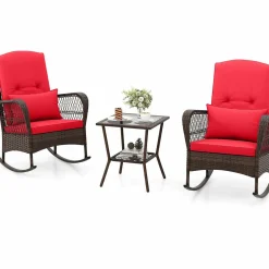 Tangkula 3 Piece Patio Rocker Set, Patiojoy Outdoor Wicker Rocking Chairs w/Double-Layer Coffee Table