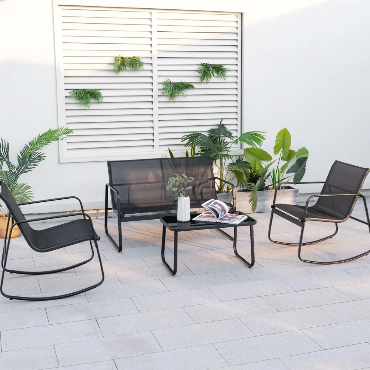 Tangkula 8 Piece Patio Rocking Set, 2 Rocking Chairs & Loveseat with Glass-Top Table