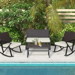 Tangkula 4 Piece Patio Rocking Furniture Set, Patiojoy PE Wicker Loveseat with 2 Rocking Chairs & 1 Coffee Table