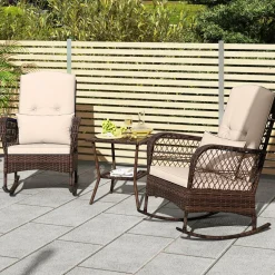 Tangkula 3 Piece Patio Rocker Set, Patiojoy Outdoor Wicker Rocking Chairs w/Double-Layer Coffee Table