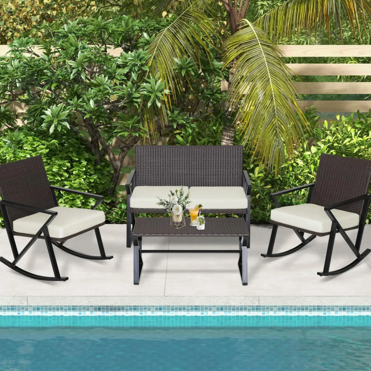 Tangkula 4 Piece Patio Rocking Furniture Set, Patiojoy PE Wicker Loveseat with 2 Rocking Chairs & 1 Coffee Table