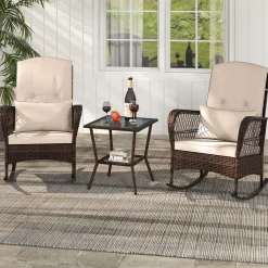 Tangkula 3 Piece Patio Rocker Set, Patiojoy Outdoor Wicker Rocking Chairs w/Double-Layer Coffee Table