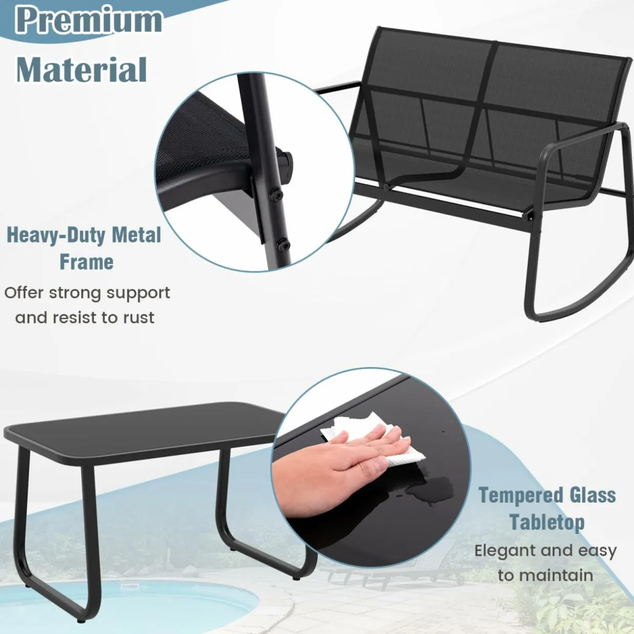 Tangkula 8 Piece Patio Rocking Set, 2 Rocking Chairs & Loveseat with Glass-Top Table
