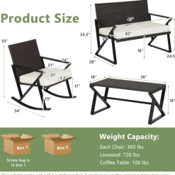 Tangkula 4 Piece Patio Rocking Furniture Set, Patiojoy PE Wicker Loveseat with 2 Rocking Chairs & 1 Coffee Table