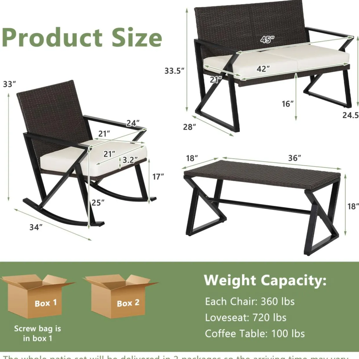Tangkula 4 Piece Patio Rocking Furniture Set, Patiojoy PE Wicker Loveseat with 2 Rocking Chairs & 1 Coffee Table