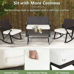 Tangkula 4 Piece Patio Rocking Furniture Set, Patiojoy PE Wicker Loveseat with 2 Rocking Chairs & 1 Coffee Table