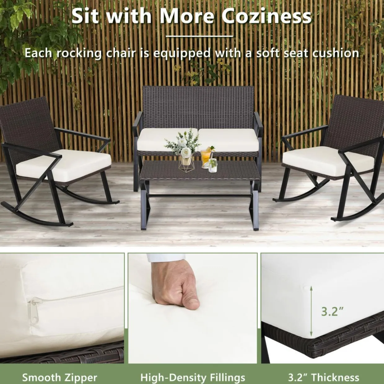 Tangkula 4 Piece Patio Rocking Furniture Set, Patiojoy PE Wicker Loveseat with 2 Rocking Chairs & 1 Coffee Table