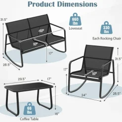 Tangkula 4 Piece Patio Rocking Set, 2 Rocking Chairs & Loveseat with Glass-Top Table