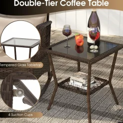 Tangkula 3 Piece Patio Rocker Set, Patiojoy Outdoor Wicker Rocking Chairs w/Double-Layer Coffee Table