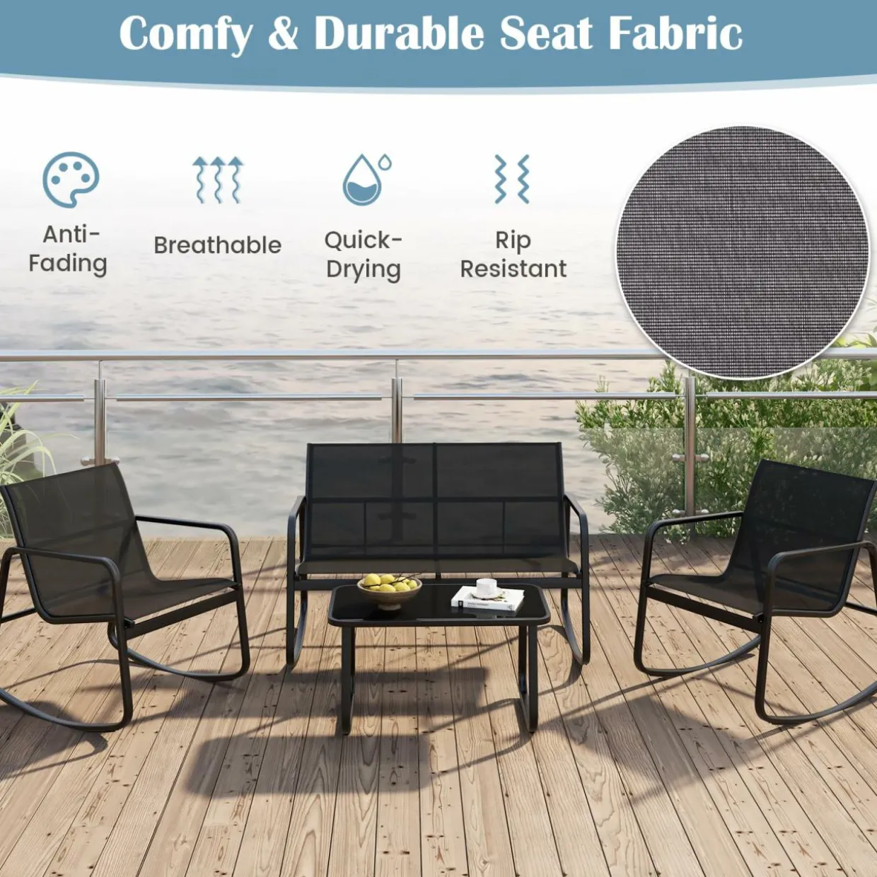 Tangkula 8 Piece Patio Rocking Set, 2 Rocking Chairs & Loveseat with Glass-Top Table