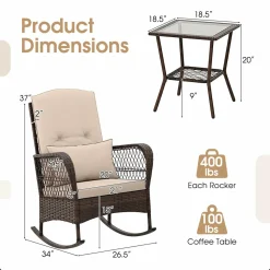 Tangkula 3 Piece Patio Rocker Set, Patiojoy Outdoor Wicker Rocking Chairs w/Double-Layer Coffee Table
