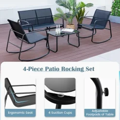 Tangkula 4 Piece Patio Rocking Set, 2 Rocking Chairs & Loveseat with Glass-Top Table