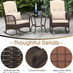 Tangkula 3 Piece Patio Rocker Set, Patiojoy Outdoor Wicker Rocking Chairs w/Double-Layer Coffee Table