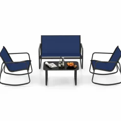 Tangkula 4 Piece Patio Rocking Set, 2 Rocking Chairs & Loveseat with Glass-Top Table