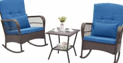 Tangkula 3 Piece Patio Rocker Set, Patiojoy Outdoor Wicker Rocking Chairs w/Double-Layer Coffee Table