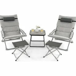 Tangkula 5 Piece Patio Sling Chair Set, Folding Beach Lawn Chairs with Ottoman & Coffee Table