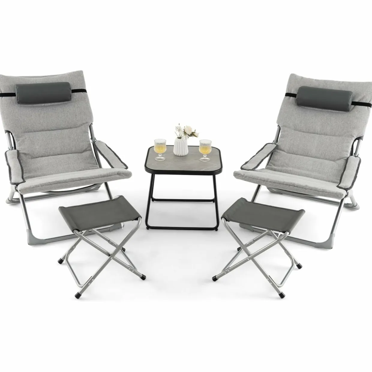 Tangkula 5 Piece Patio Sling Chair Set, Folding Beach Lawn Chairs with Ottoman & Coffee Table