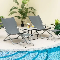Tangkula 5 Piece Patio Sling Chair Set, Folding Beach Lawn Chairs with Ottoman & Coffee Table