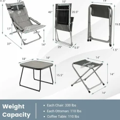 Tangkula 5 Piece Patio Sling Chair Set, Folding Beach Lawn Chairs with Ottoman & Coffee Table