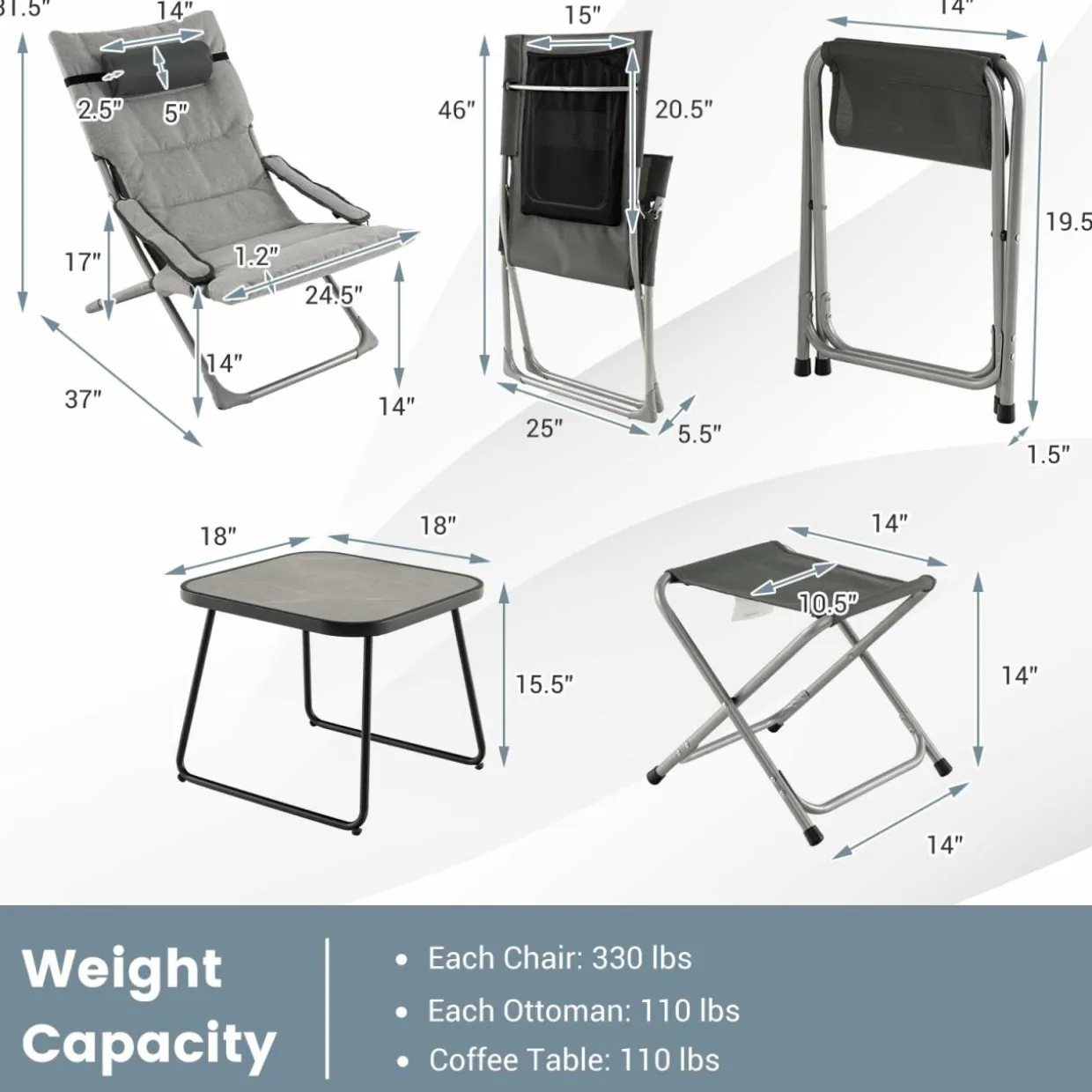 Tangkula 5 Piece Patio Sling Chair Set, Folding Beach Lawn Chairs with Ottoman & Coffee Table