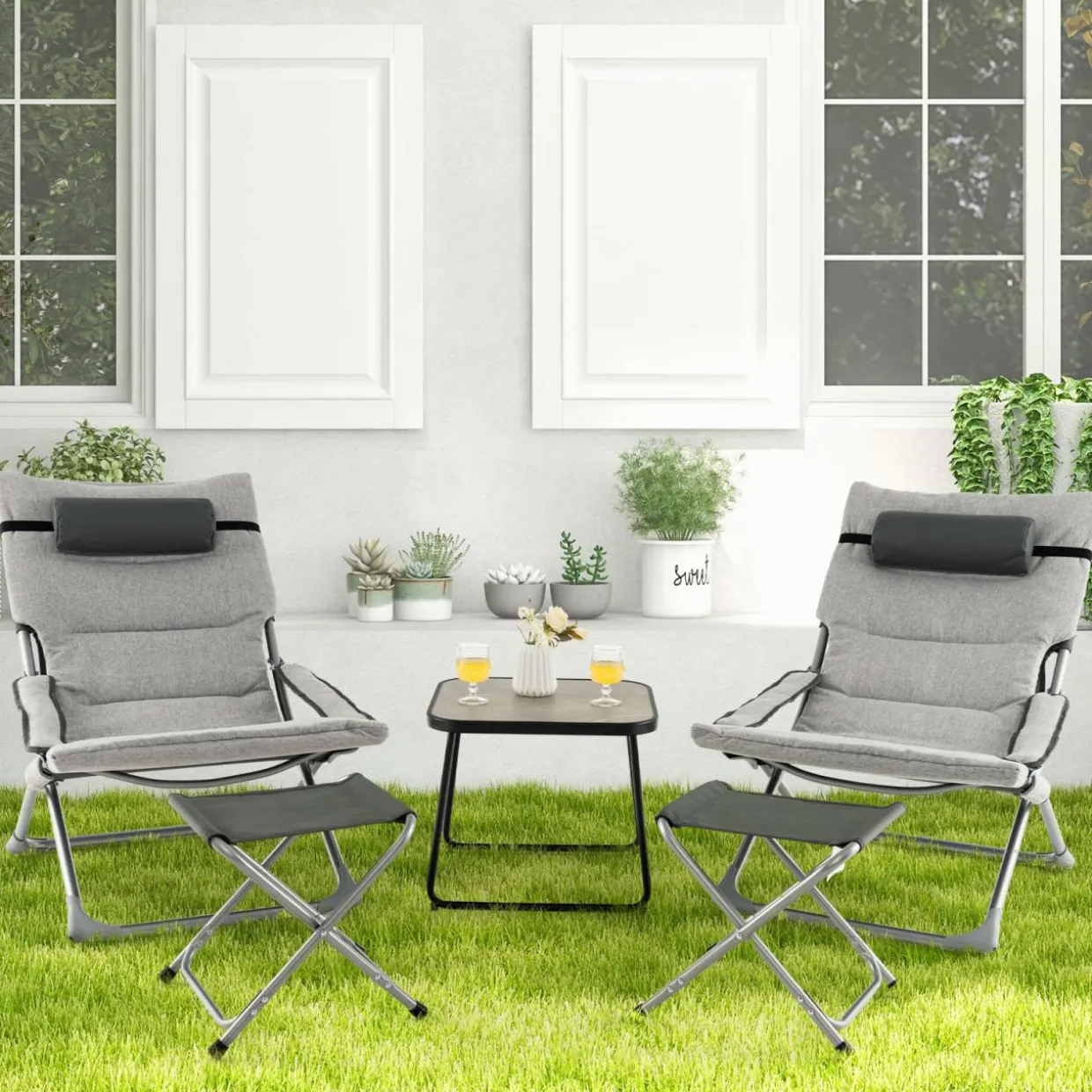 Tangkula 5 Piece Patio Sling Chair Set, Folding Beach Lawn Chairs with Ottoman & Coffee Table