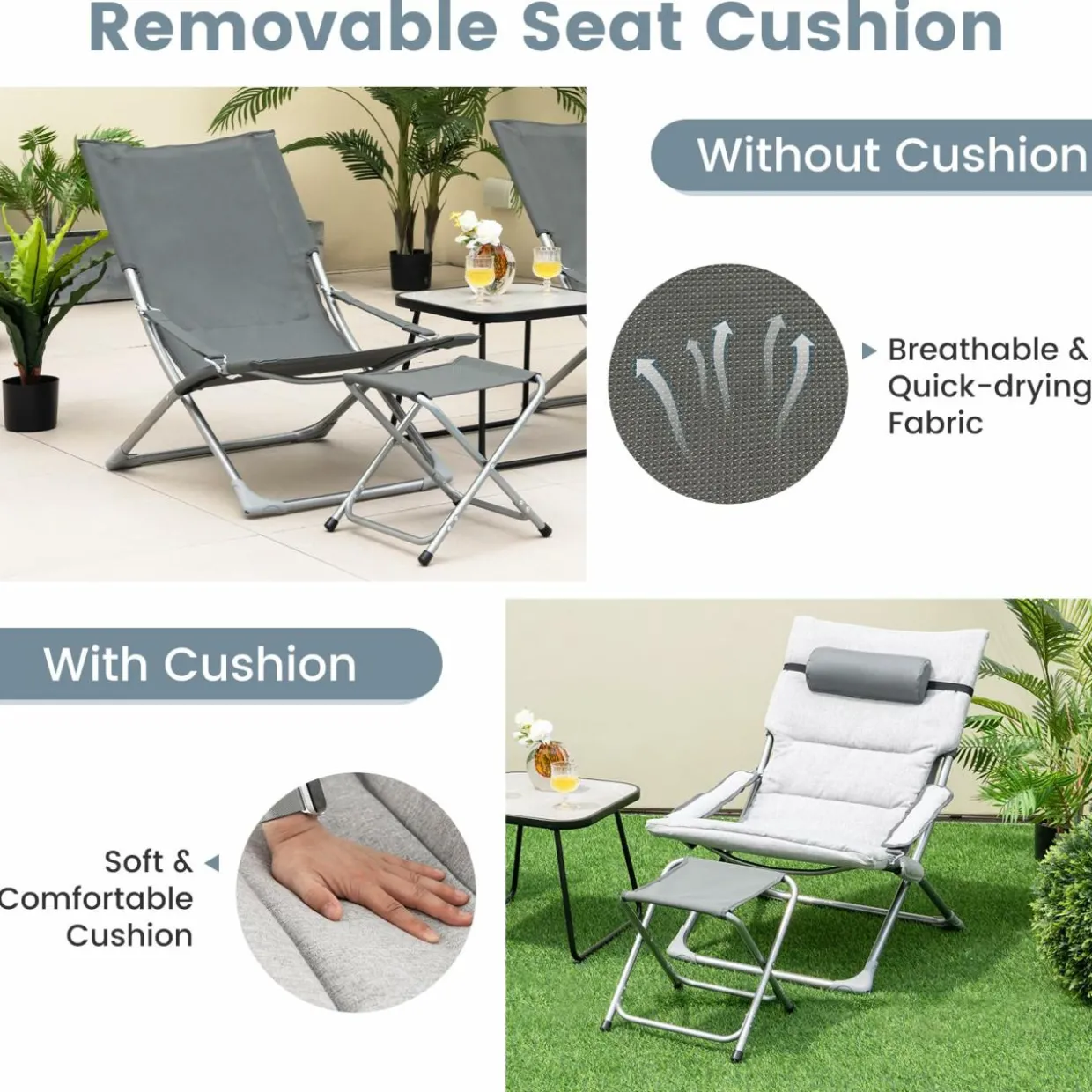 Tangkula 5 Piece Patio Sling Chair Set, Folding Beach Lawn Chairs with Ottoman & Coffee Table