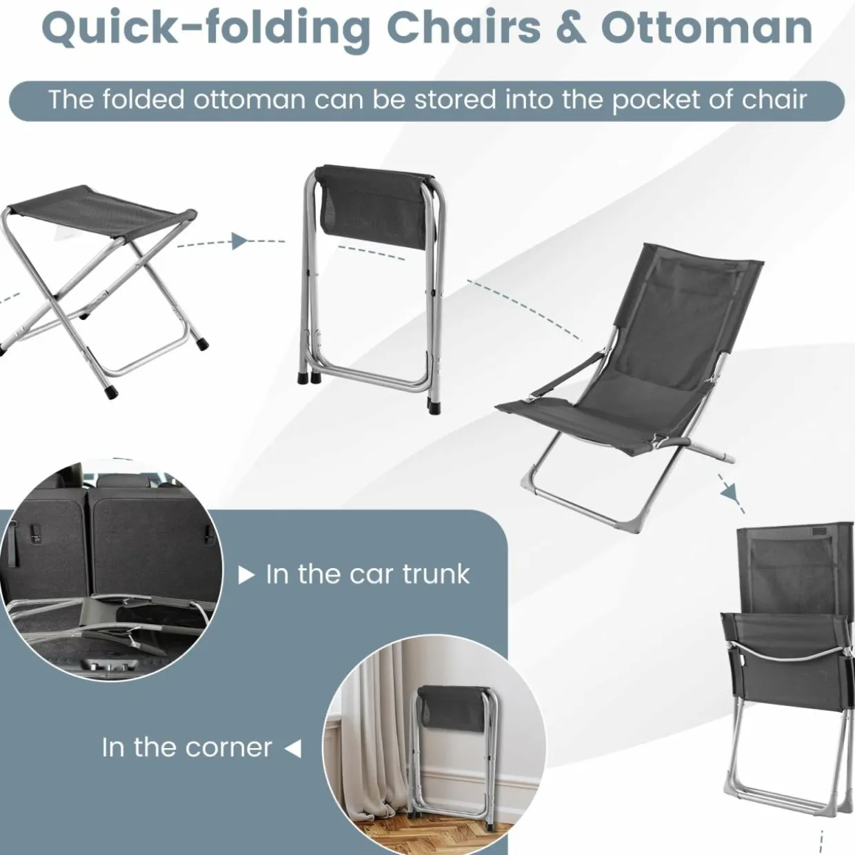 Tangkula 5 Piece Patio Sling Chair Set, Folding Beach Lawn Chairs with Ottoman & Coffee Table