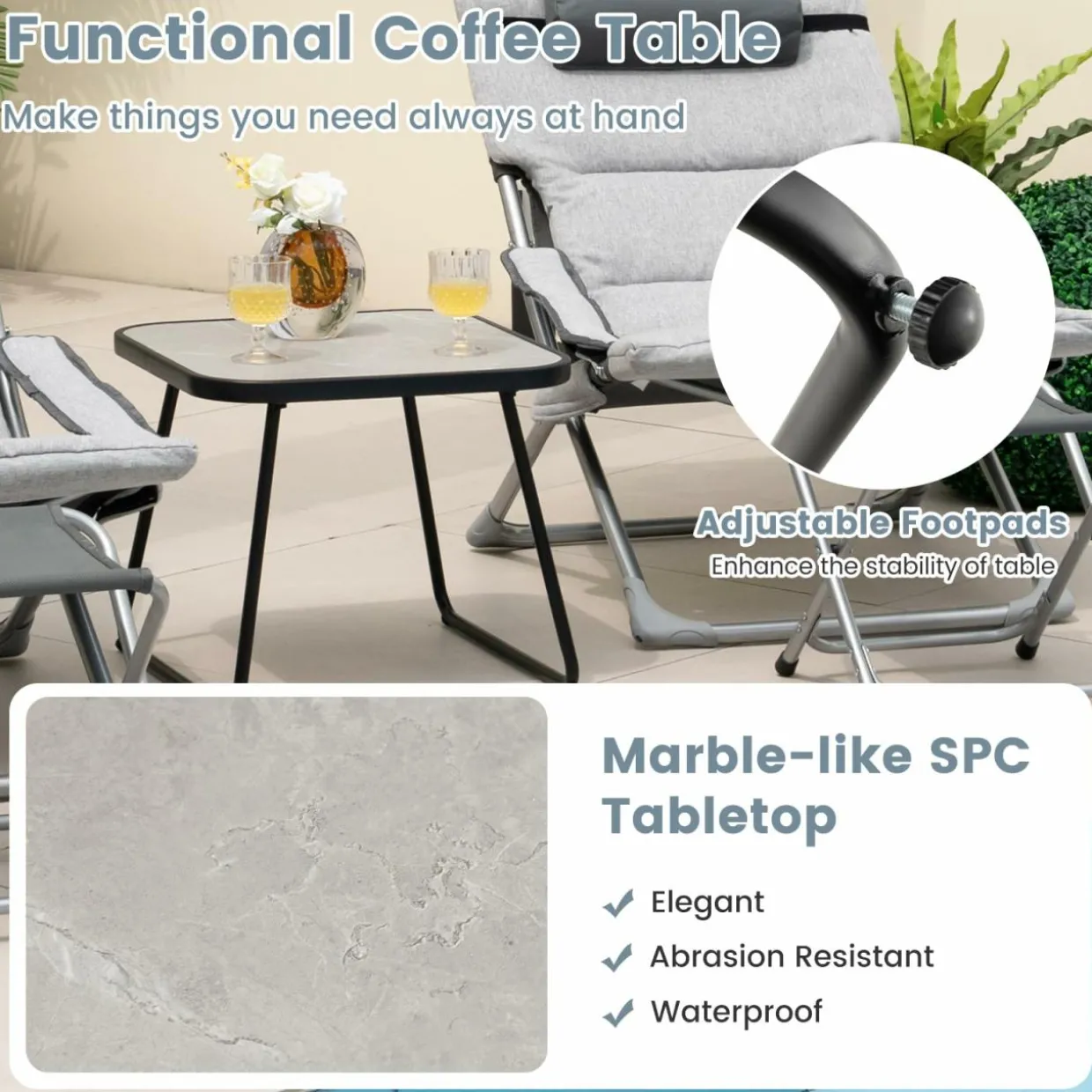 Tangkula 5 Piece Patio Sling Chair Set, Folding Beach Lawn Chairs with Ottoman & Coffee Table
