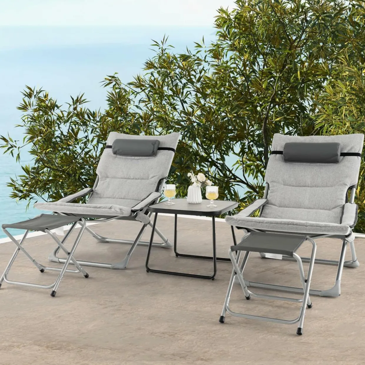 Tangkula 5 Piece Patio Sling Chair Set, Folding Beach Lawn Chairs with Ottoman & Coffee Table