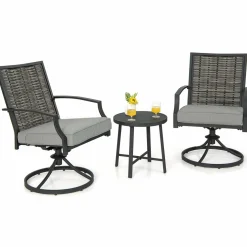 Tangkula 3 Piece Patio Swivel Chair Set, Wicker Swivel Chairs